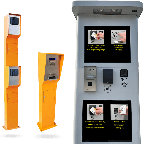 Stojany na umiestnenie terminálov, čítačiek a kamier pre vstupy do vozidiel, absorbéry vstupných kariet Aktion